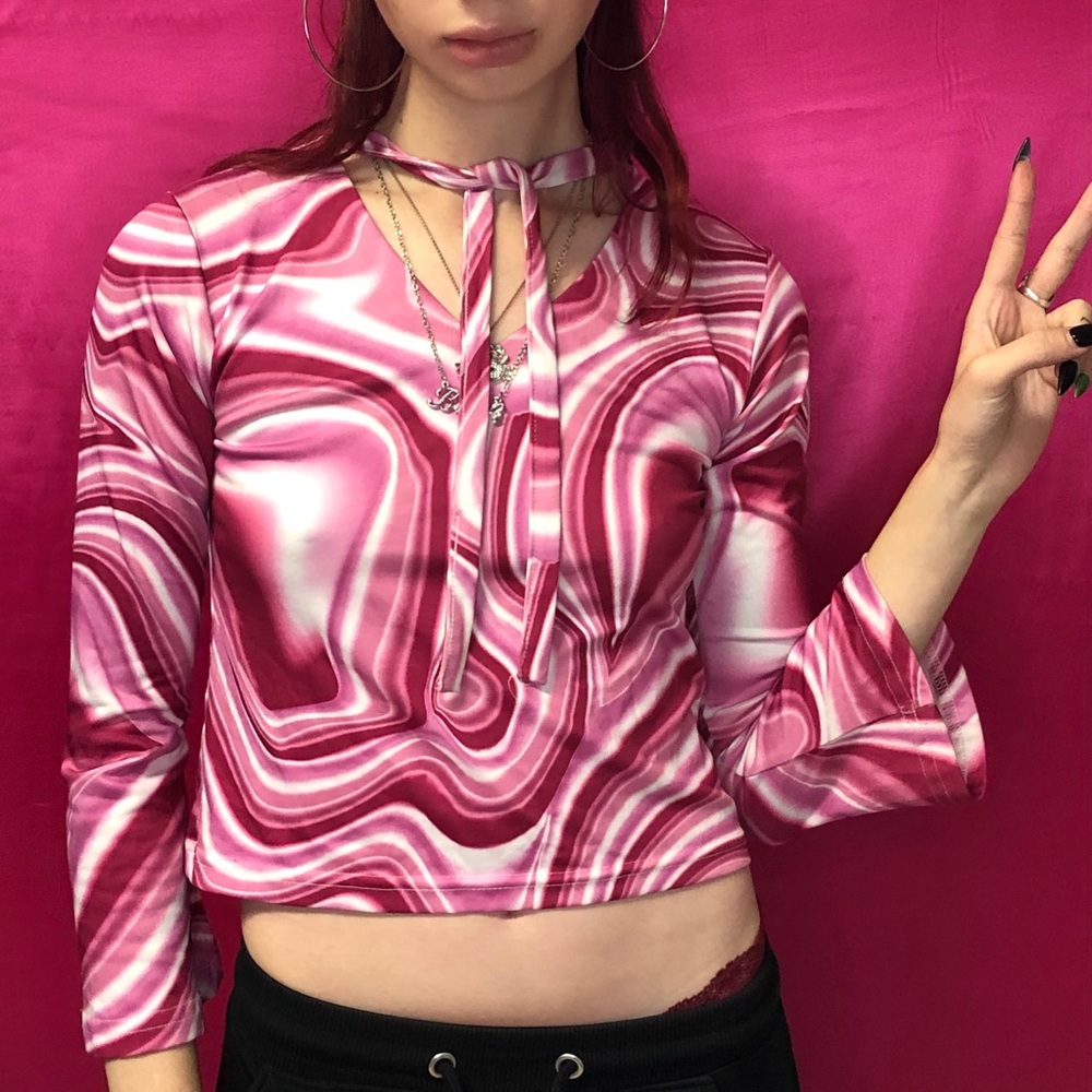 90’s Ravegirl Warped Pattern Tie Choker Crop Top